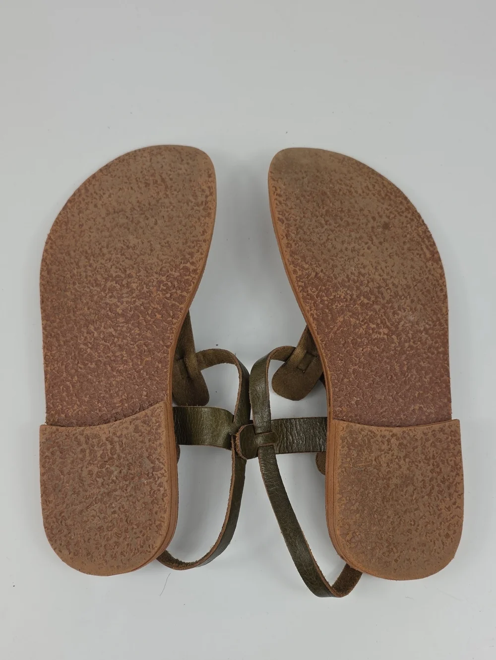 Vintage Homemade Green Olive Leather Unique Foot-Shaped Leather Sandals 8